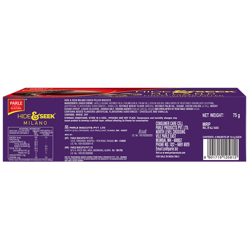 Parle Platina Hide & Seek Milano - Choco Filled Cocoa Rich Biscuits, 75 G view 2
