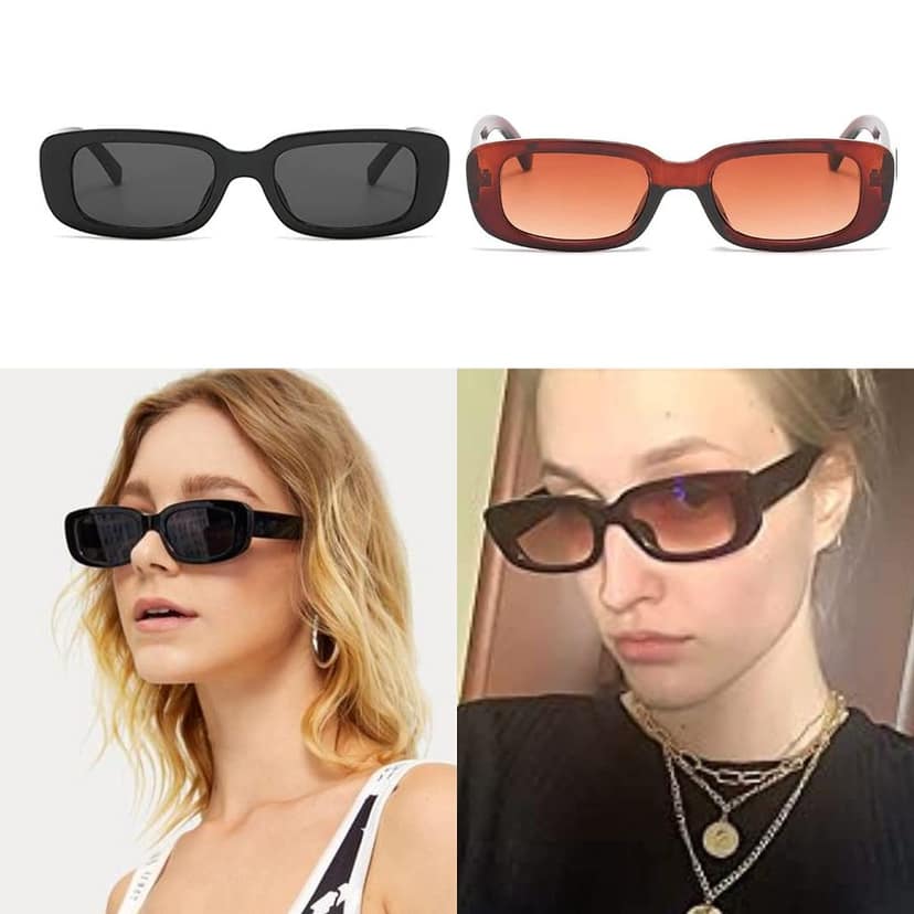 Fancy-Creation Pack Of 2 Rectangle Sunglasses for Women Retro Fashion Sunglasses UV 400 Protection (Size - Medium | Includes Premium Velvet MDF Case, Lens Cleaner (100ML)) (Black & Brown) view 5
