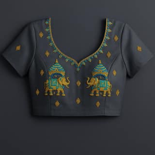 Dark Grey Elephant Embroidered Cotton Blend Women's Blouse