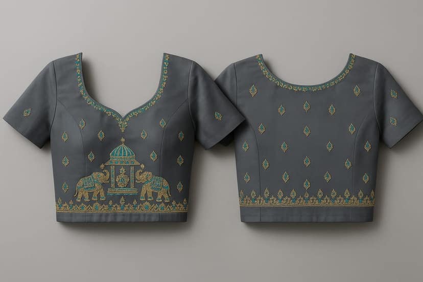 Dark Grey Elephant Embroidered Cotton Blend Women's Blouse view 4