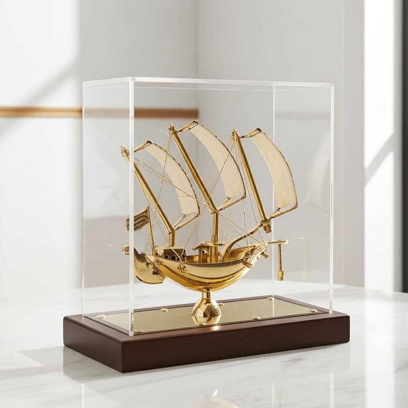 Premium Brass Ship in Clear Display Box ? Home Decor Showpiece, Height : 8.5 Inch (MRMAS238 B)