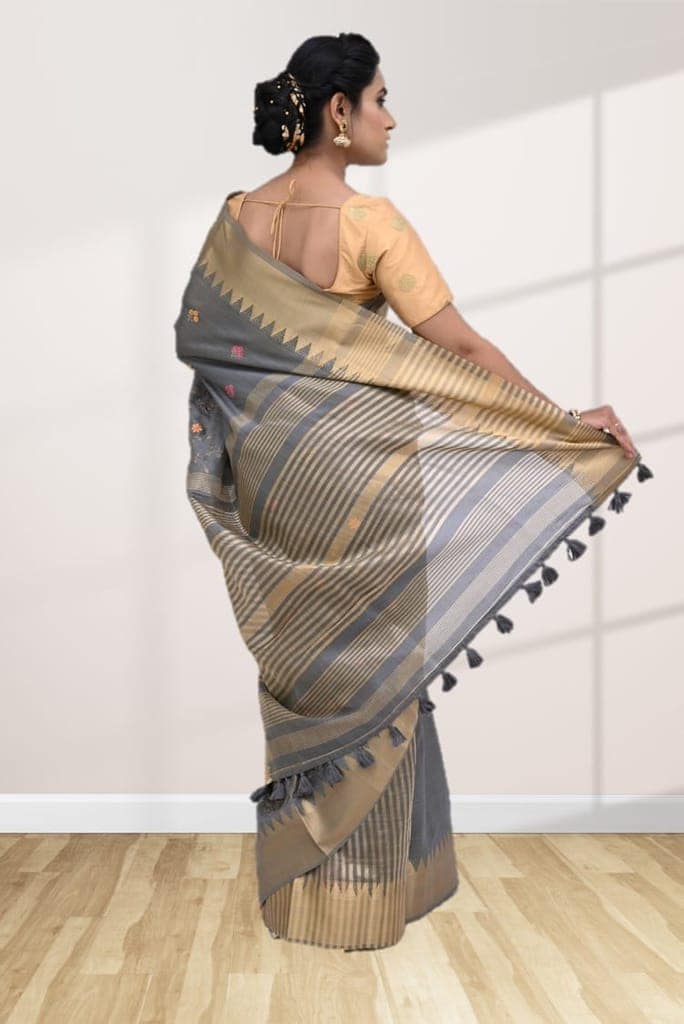 Grey Tussar Silk Saree With Modish Work and Zari Border view 2