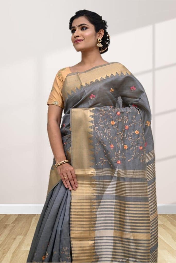 Grey Tussar Silk Saree With Modish Work and Zari Border view 3