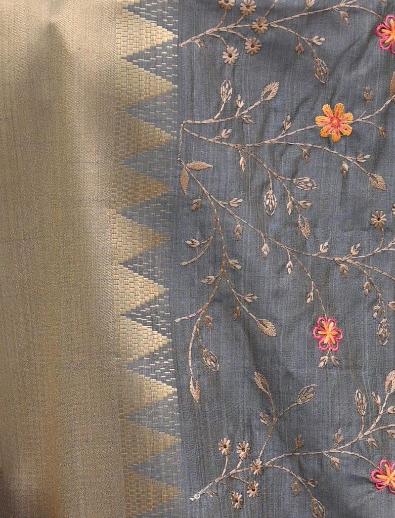 Grey Tussar Silk Saree With Modish Work and Zari Border view 4
