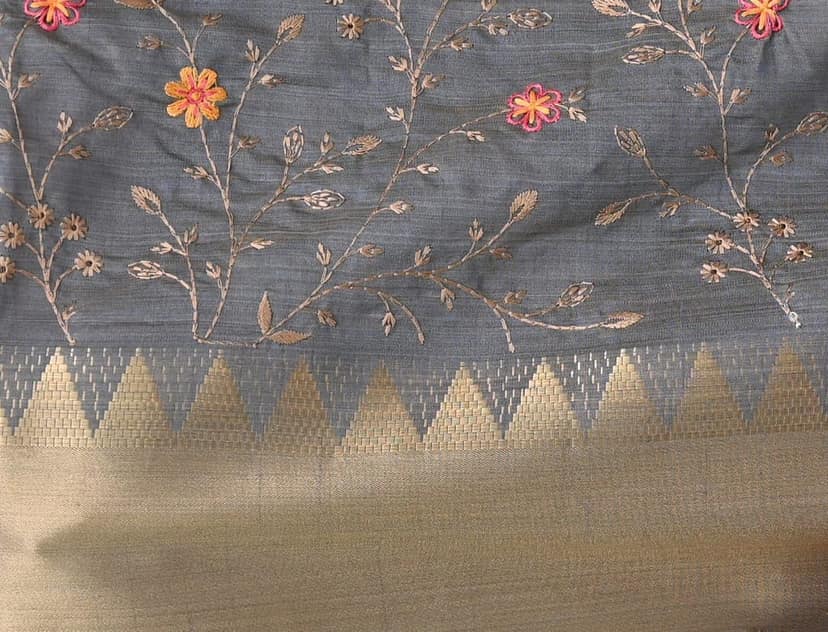 Grey Tussar Silk Saree With Modish Work and Zari Border view 5