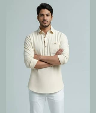 BHUVIKOO Cotton Blend Plain Shirt Style Kurta For Men ( Grey )