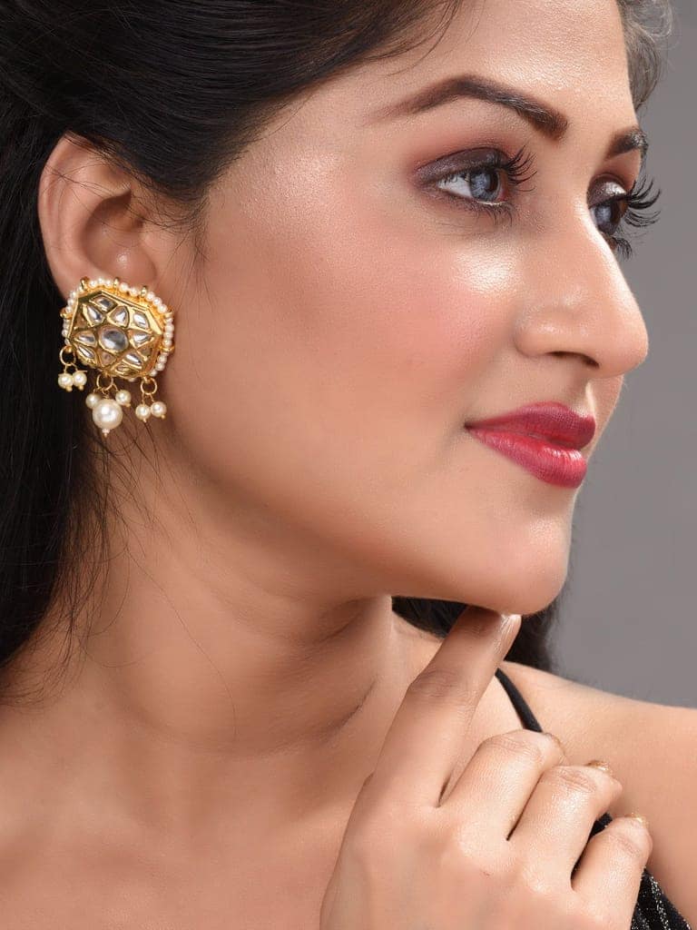 Gold Plated Kundan Square Studs Earrings view 2