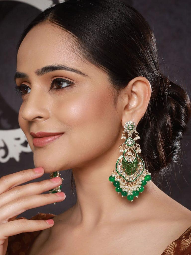 Gold Toned Kundan & Emerald Green Pearl Beaded Handcrafted Chandbali Earrings view 2