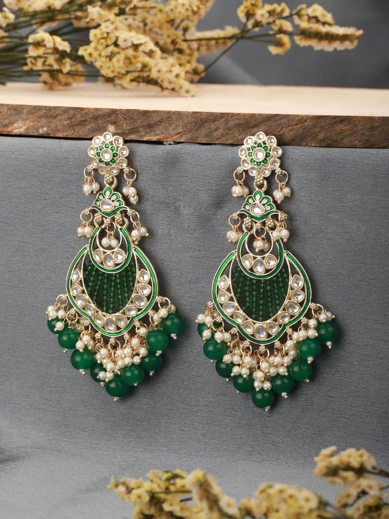 Gold Toned Kundan & Emerald Green Pearl Beaded Handcrafted Chandbali Earrings view 3