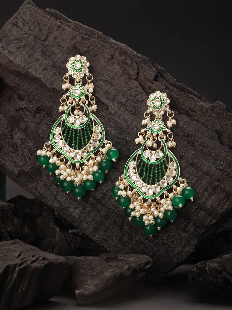 Gold Toned Kundan & Emerald Green Pearl Beaded Handcrafted Chandbali Earrings view 4