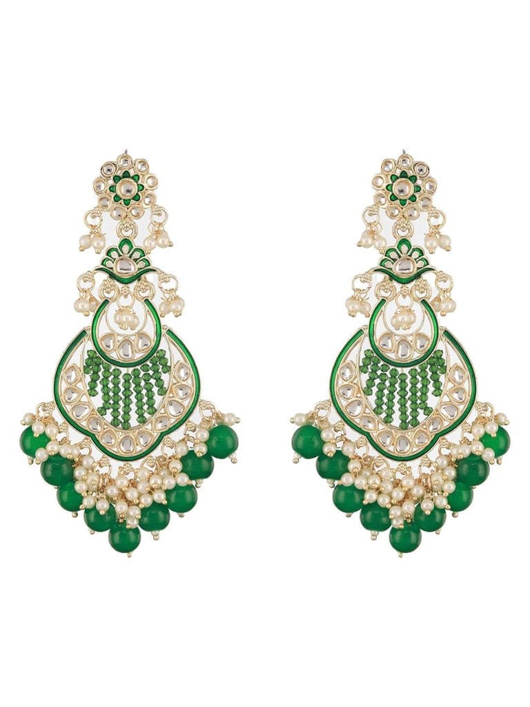 Gold Toned Kundan & Emerald Green Pearl Beaded Handcrafted Chandbali Earrings view 5