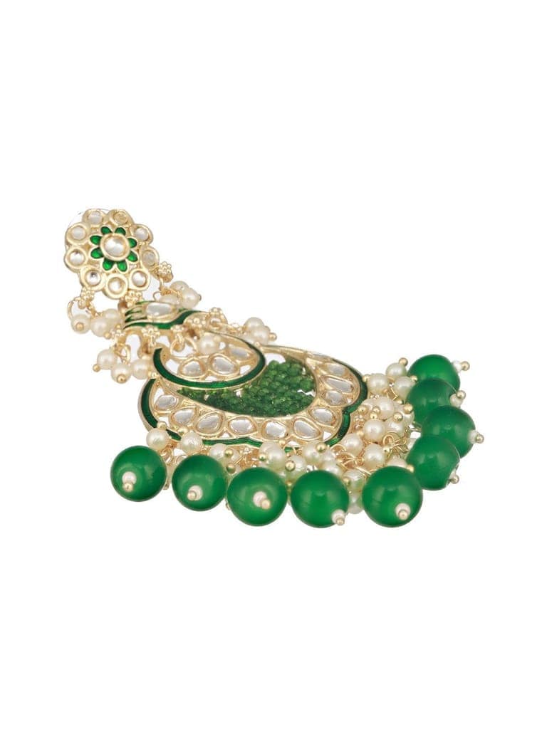 Gold Toned Kundan & Emerald Green Pearl Beaded Handcrafted Chandbali Earrings view 6