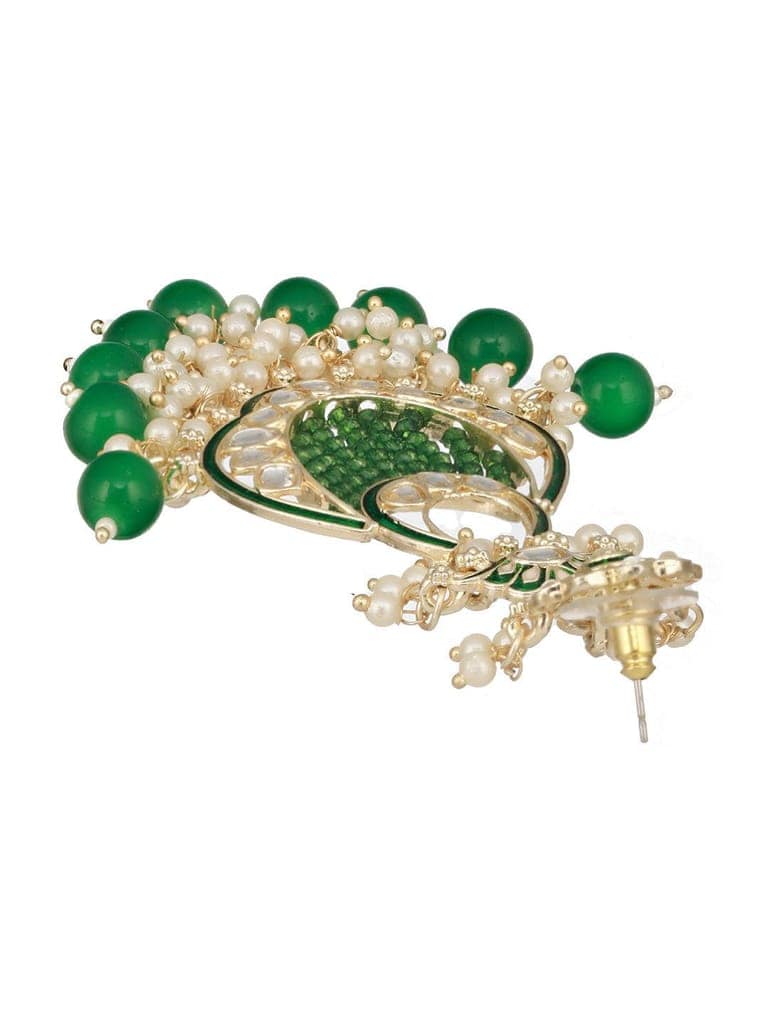 Gold Toned Kundan & Emerald Green Pearl Beaded Handcrafted Chandbali Earrings view 7