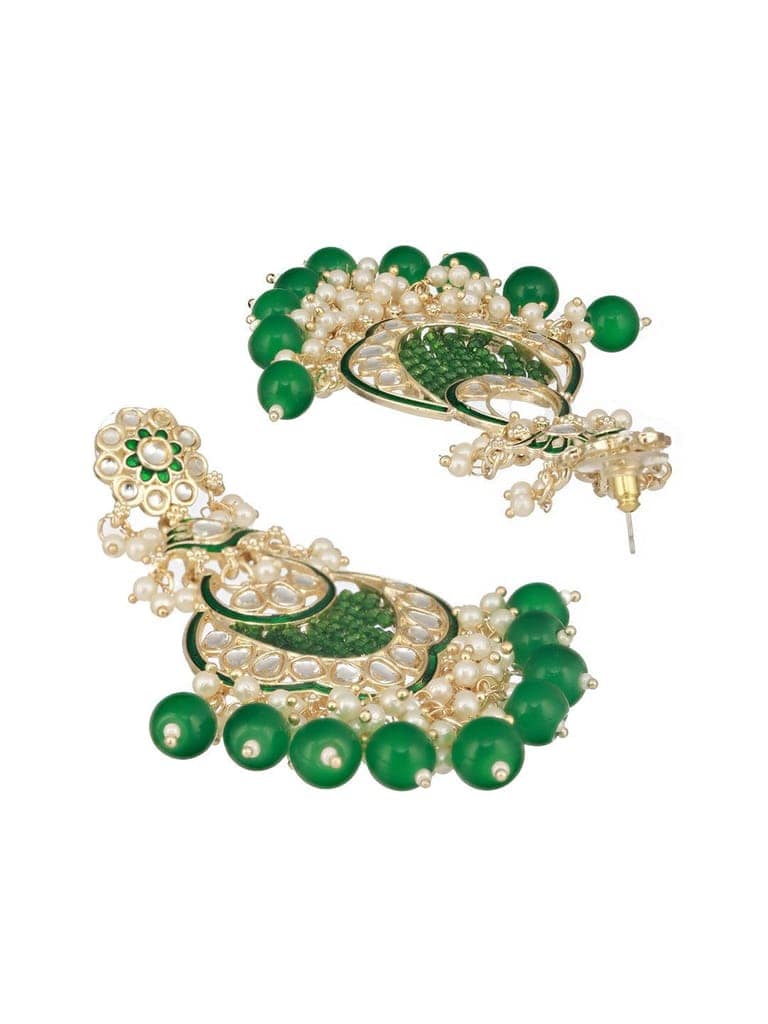Gold Toned Kundan & Emerald Green Pearl Beaded Handcrafted Chandbali Earrings view 8