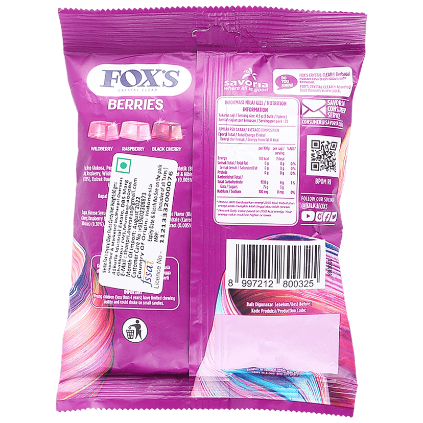Nestle Fox Crystal Clear Berries Candy - With Black Cherry, Wild & Rasp Berry, 90 G Pouch view 2