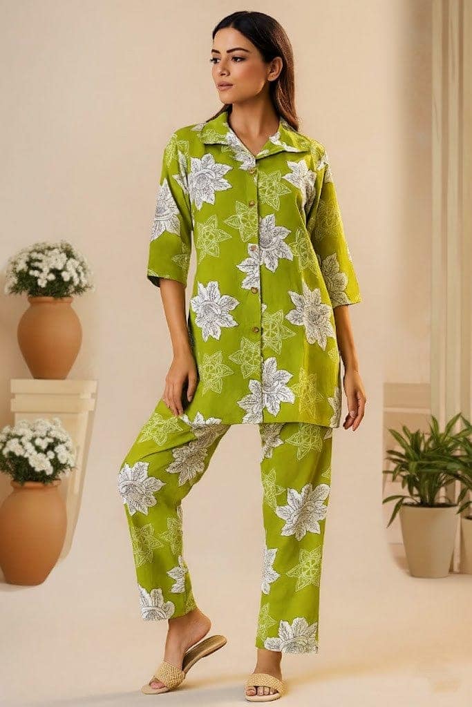 PickCell Printed Delta Fabric Coord Set for Women | Green view 2