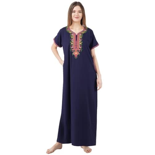KOI SLEEPWEAR Women's Cotton Blend Embroidered Maxi Length Nightgown (Navy, 2XL/3XL)