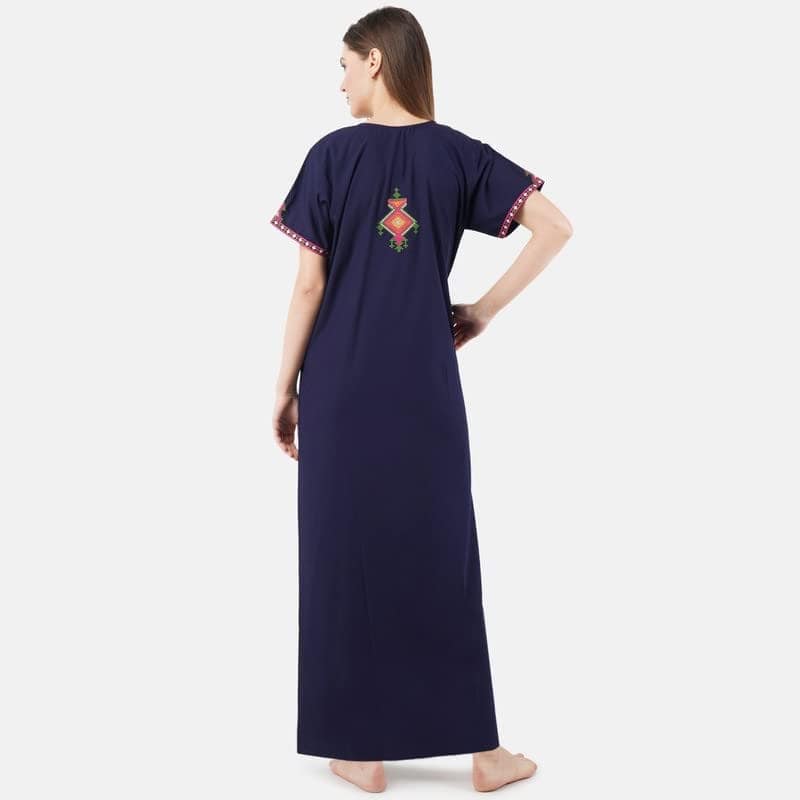 KOI SLEEPWEAR Women's Cotton Blend Embroidered Maxi Length Nightgown (Navy, 2XL/3XL) view 2