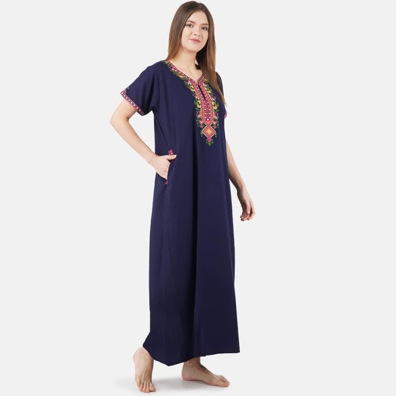 KOI SLEEPWEAR Women's Cotton Blend Embroidered Maxi Length Nightgown (Navy, 2XL/3XL) view 4