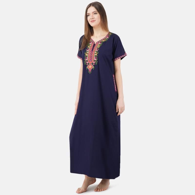 KOI SLEEPWEAR Women's Cotton Blend Embroidered Maxi Length Nightgown (Navy, 2XL/3XL) view 5