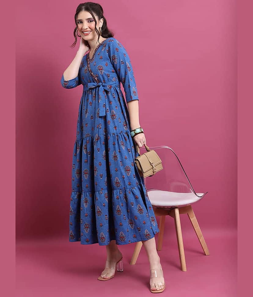 Vishudh Women Polyester Printed Empire Dress ( Blue )
