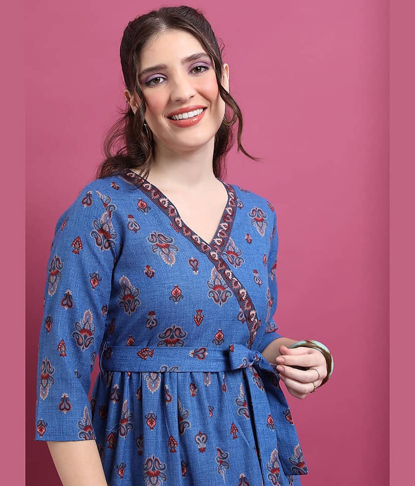 Vishudh Women Polyester Printed Empire Dress ( Blue ) view 2
