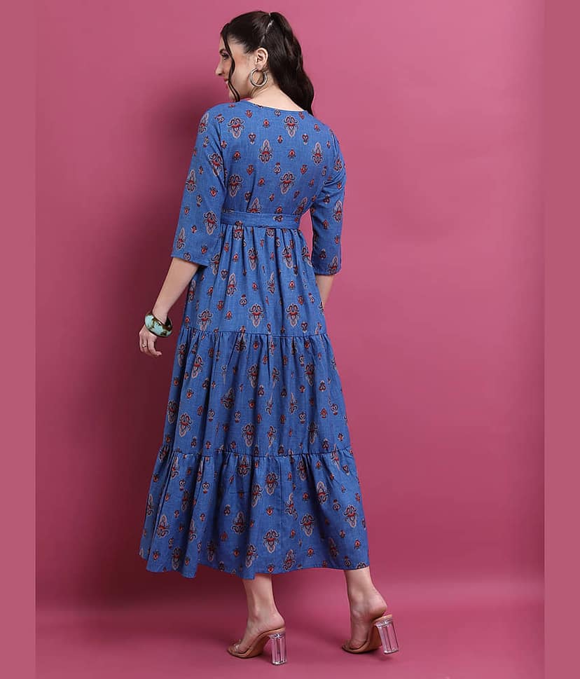 Vishudh Women Polyester Printed Empire Dress ( Blue ) view 3