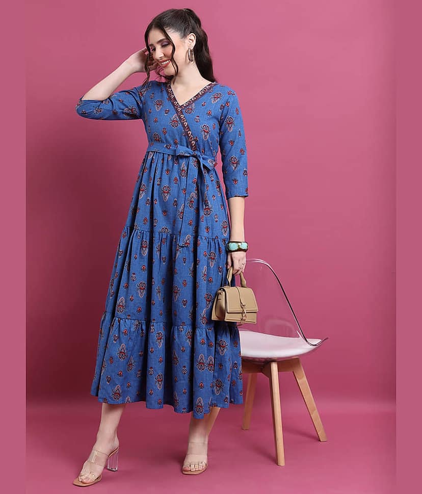 Vishudh Women Polyester Printed Empire Dress ( Blue ) view 4