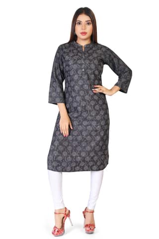 Denim Printed Kurti, Black - L (Style -2498)