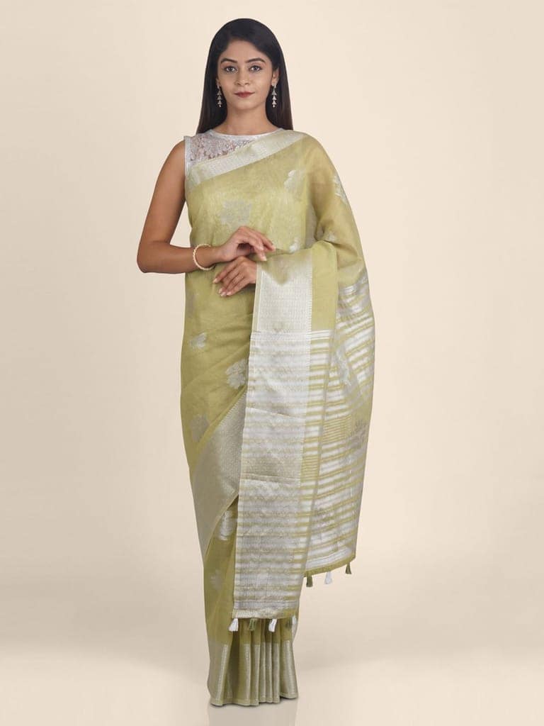 Graceful Olive Green Linen Saree With Foil Print and Resham Border