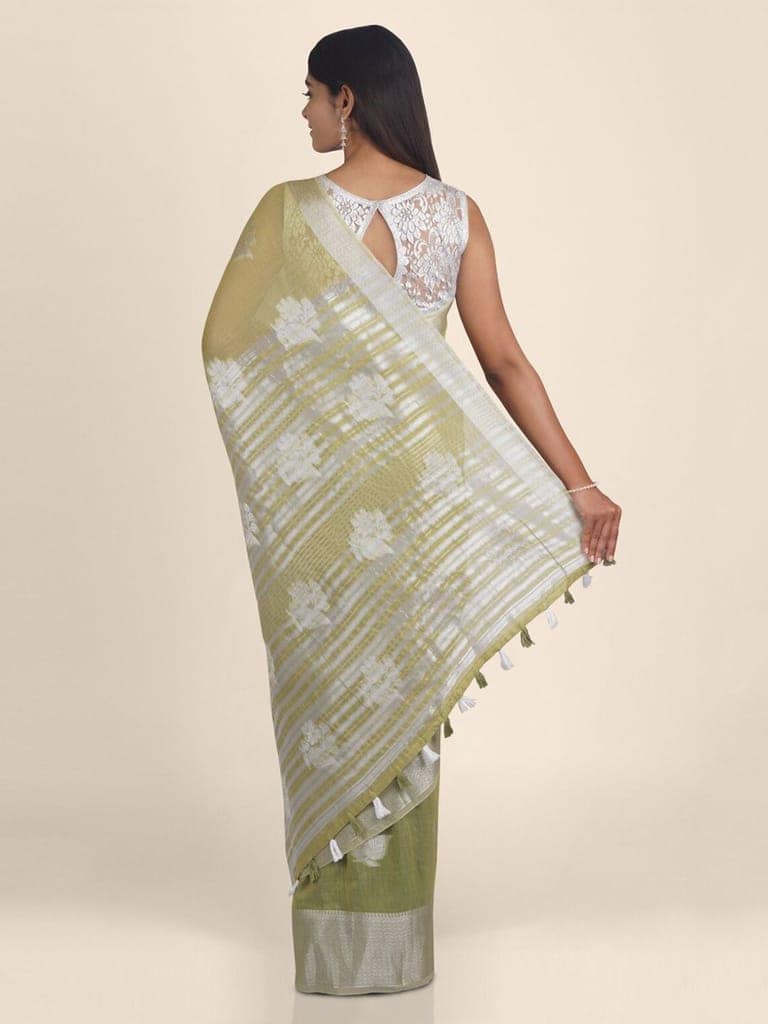 Graceful Olive Green Linen Saree With Foil Print and Resham Border view 2