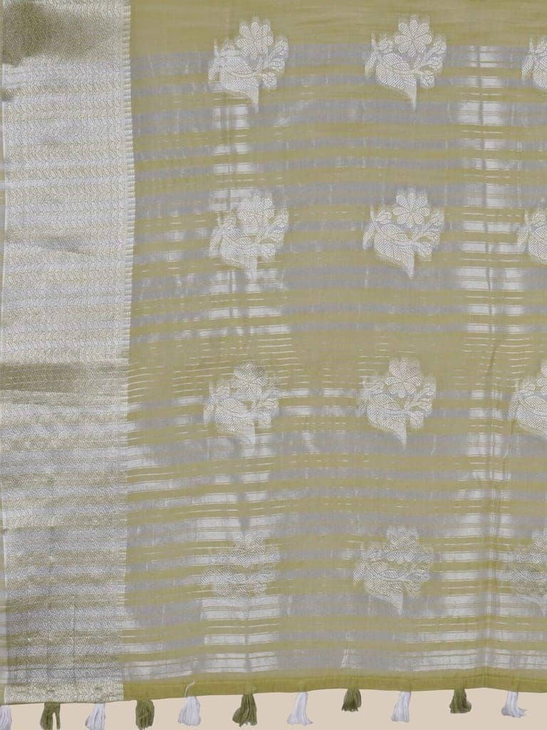 Graceful Olive Green Linen Saree With Foil Print and Resham Border view 3