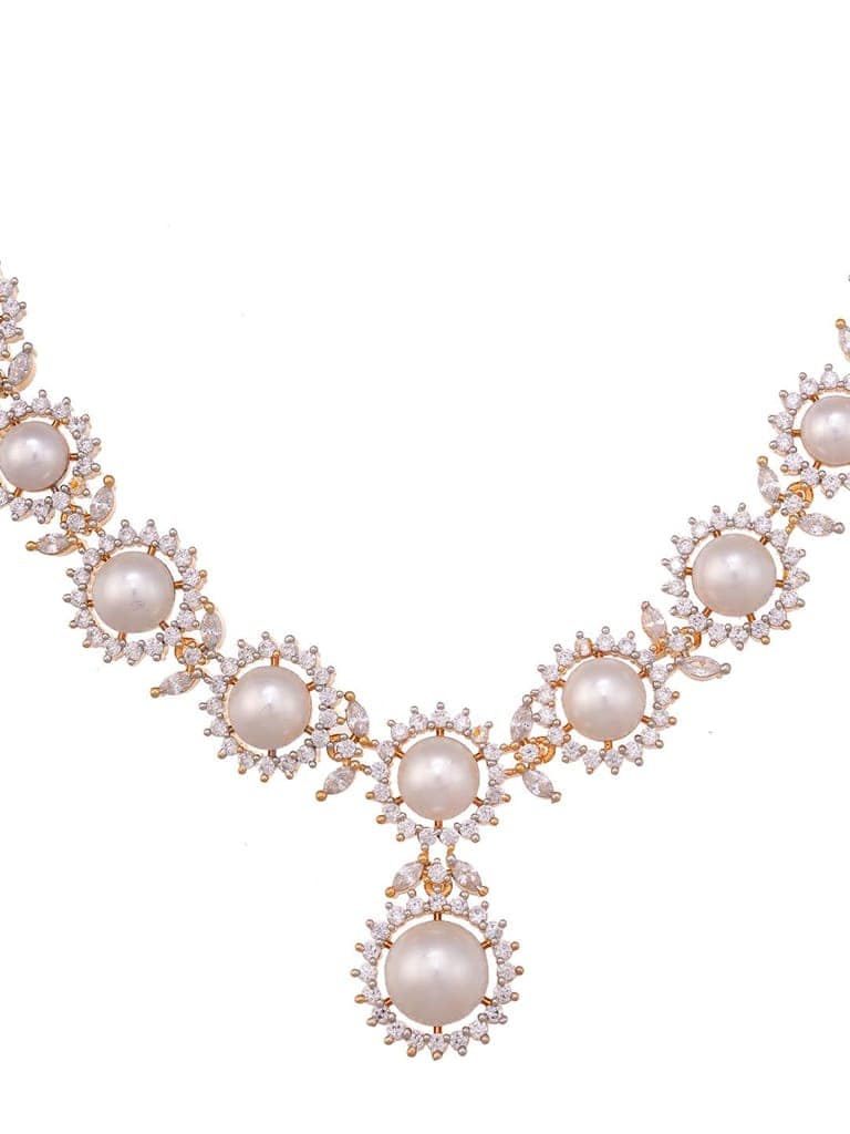 Gold Plated WhiteAD & Pearl Studded Necklace Jewellery Set view 3