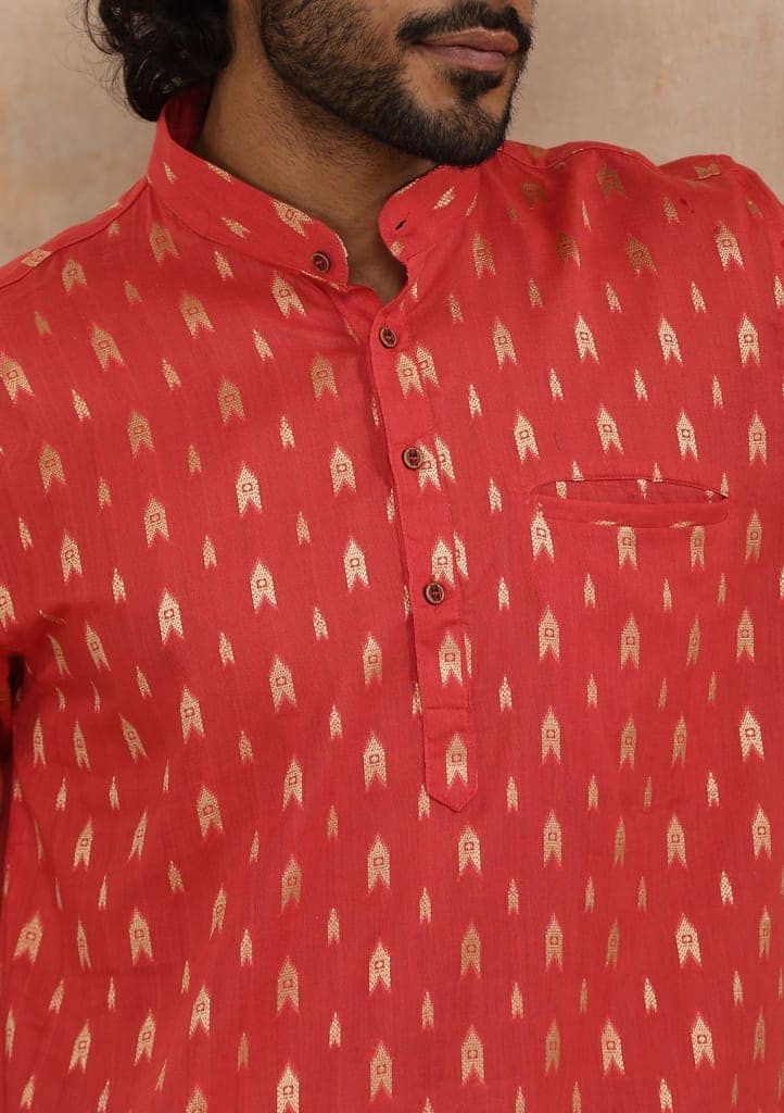 Cotton Jacquard Solid Men's Short Kurta - Pink view 2