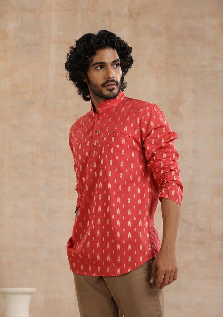 Cotton Jacquard Solid Men's Short Kurta - Pink view 3