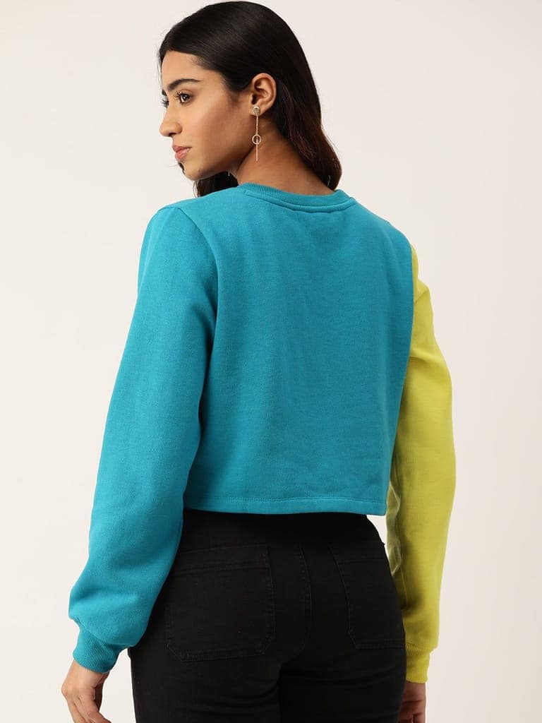 Turquoise Blue Colourblocked Fleece Sweatshirt view 2