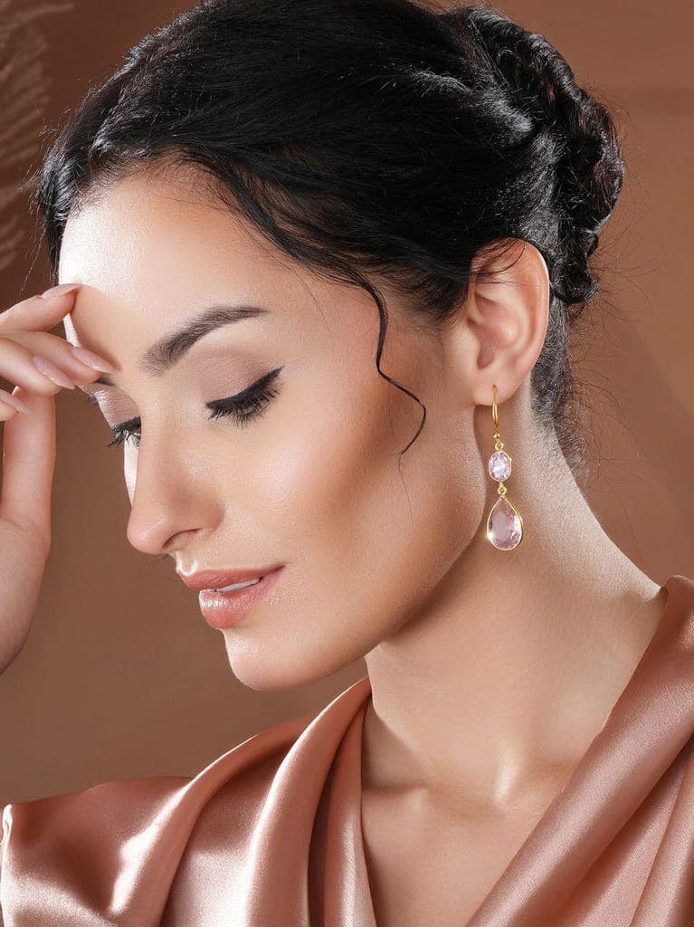 Gold Toned Blush Pink Cyrstal tear drop dangler shaped minimal Earrings view 2