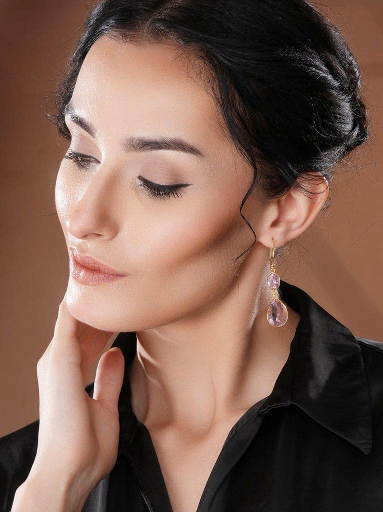 Gold Toned Blush Pink Cyrstal tear drop dangler shaped minimal Earrings view 3