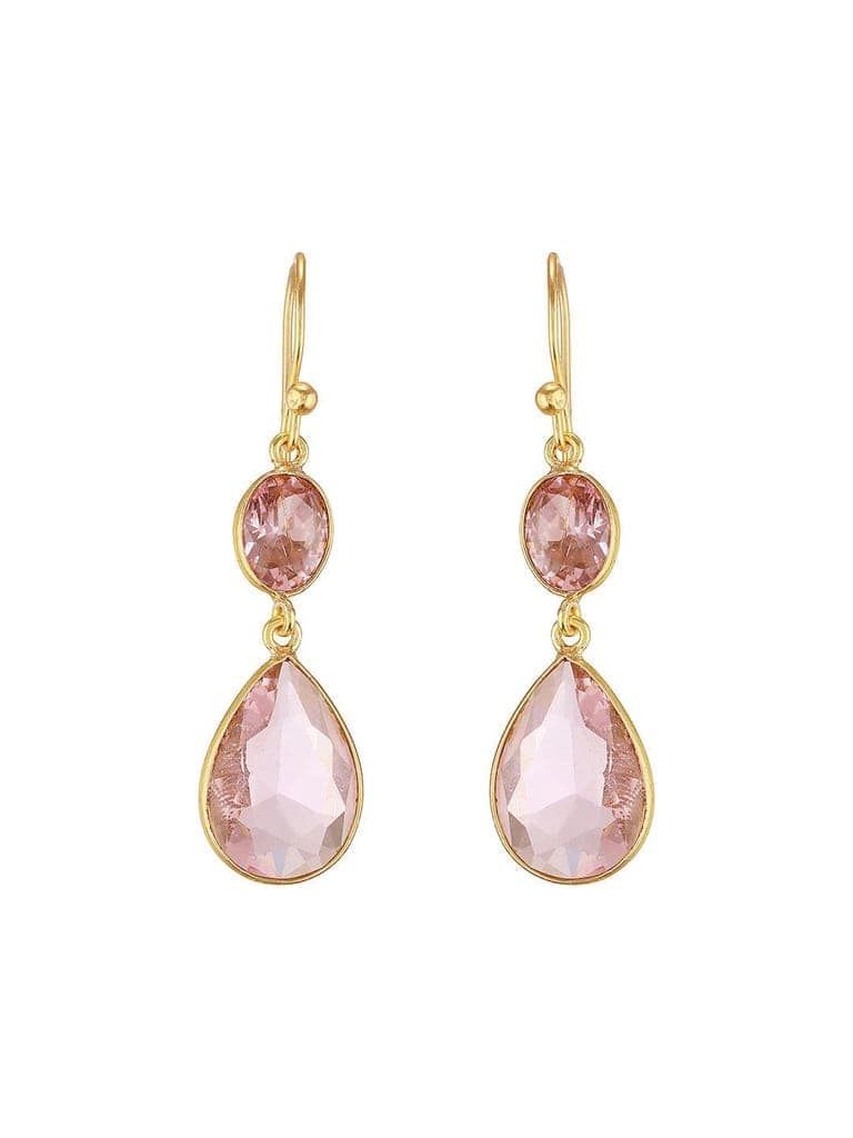 Gold Toned Blush Pink Cyrstal tear drop dangler shaped minimal Earrings view 4
