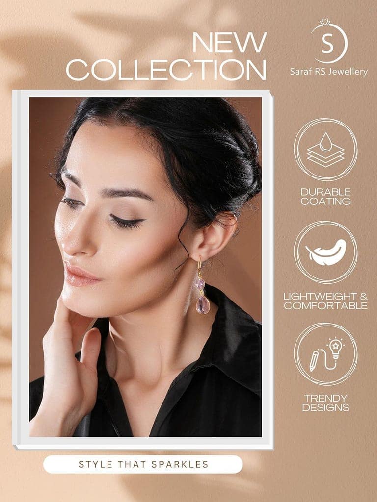 Gold Toned Blush Pink Cyrstal tear drop dangler shaped minimal Earrings view 7