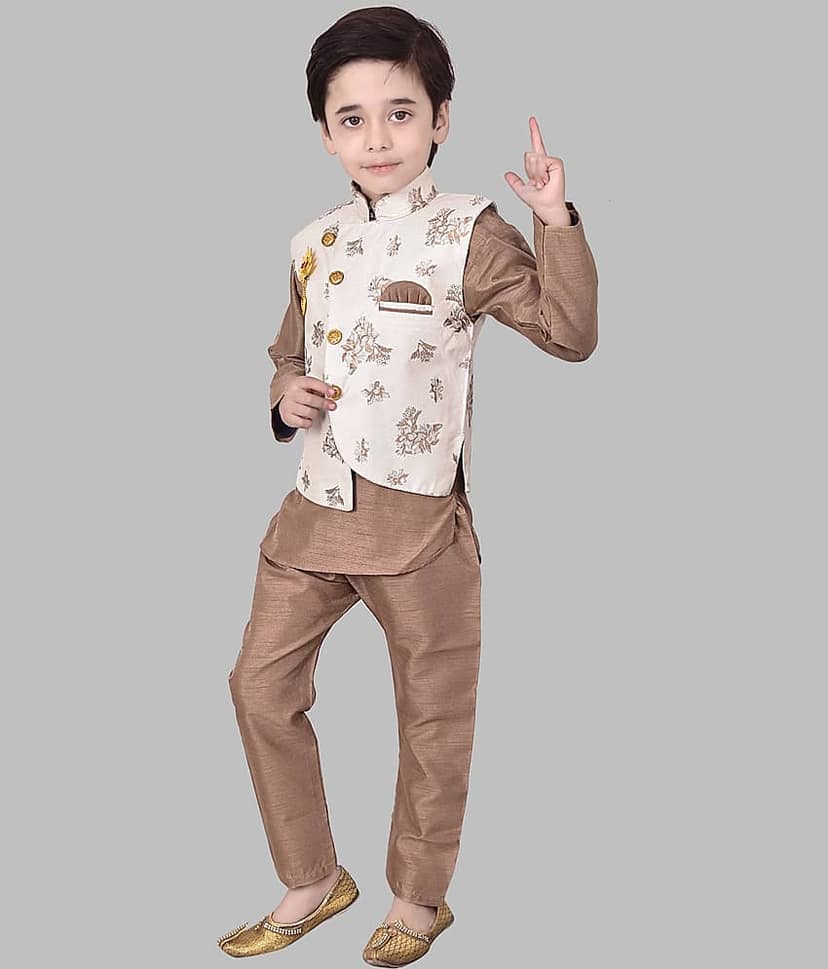 Arshia Fashions Boys Silk Blend Kurta & Pajama with Jacket Set ( Pack of 1 , Brown ) view 2