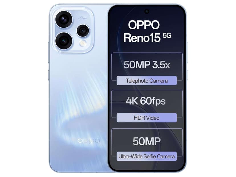 Oppo Reno 15 5G Smartphone, 12GB RAM, 512GB Storage, Elegant Design - Aurora Blue