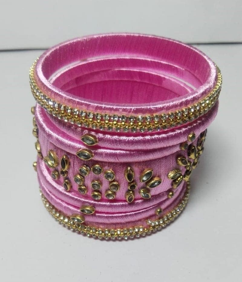 Pink Silk Thread Bangle Set with Stone Work for Women and Girls view 2