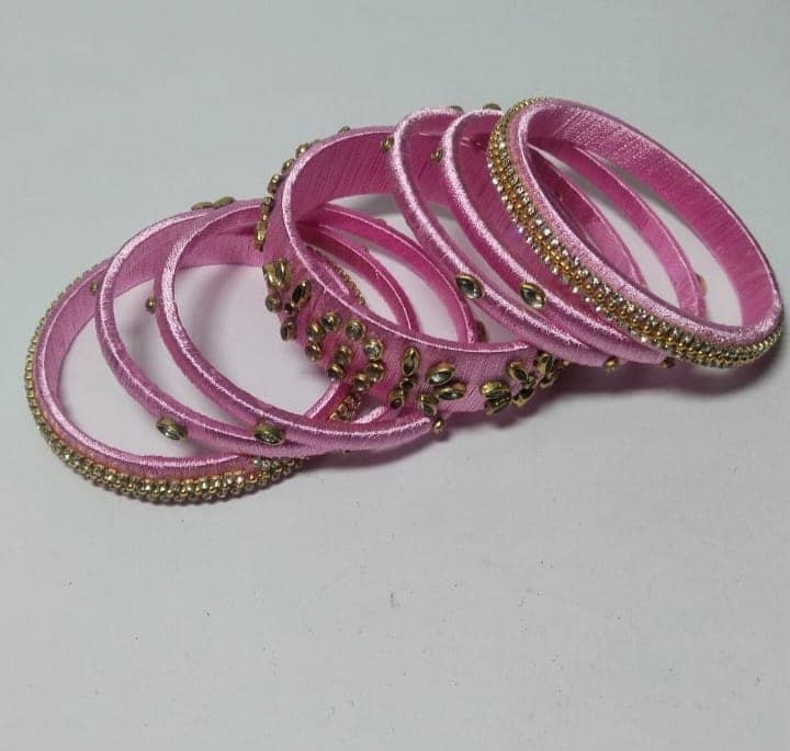 Pink Silk Thread Bangle Set with Stone Work for Women and Girls view 3