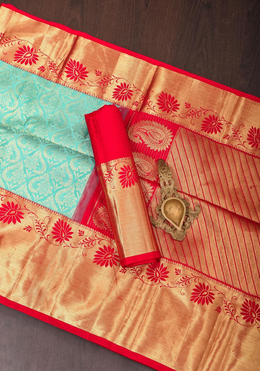 Turquoise Blue Zari Brocade Kanjivaram Silk saree With Contrast Red Border | SILK MARK CERTIFIED view 2