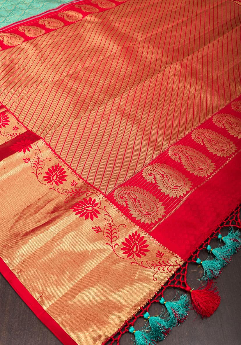 Turquoise Blue Zari Brocade Kanjivaram Silk saree With Contrast Red Border | SILK MARK CERTIFIED view 7