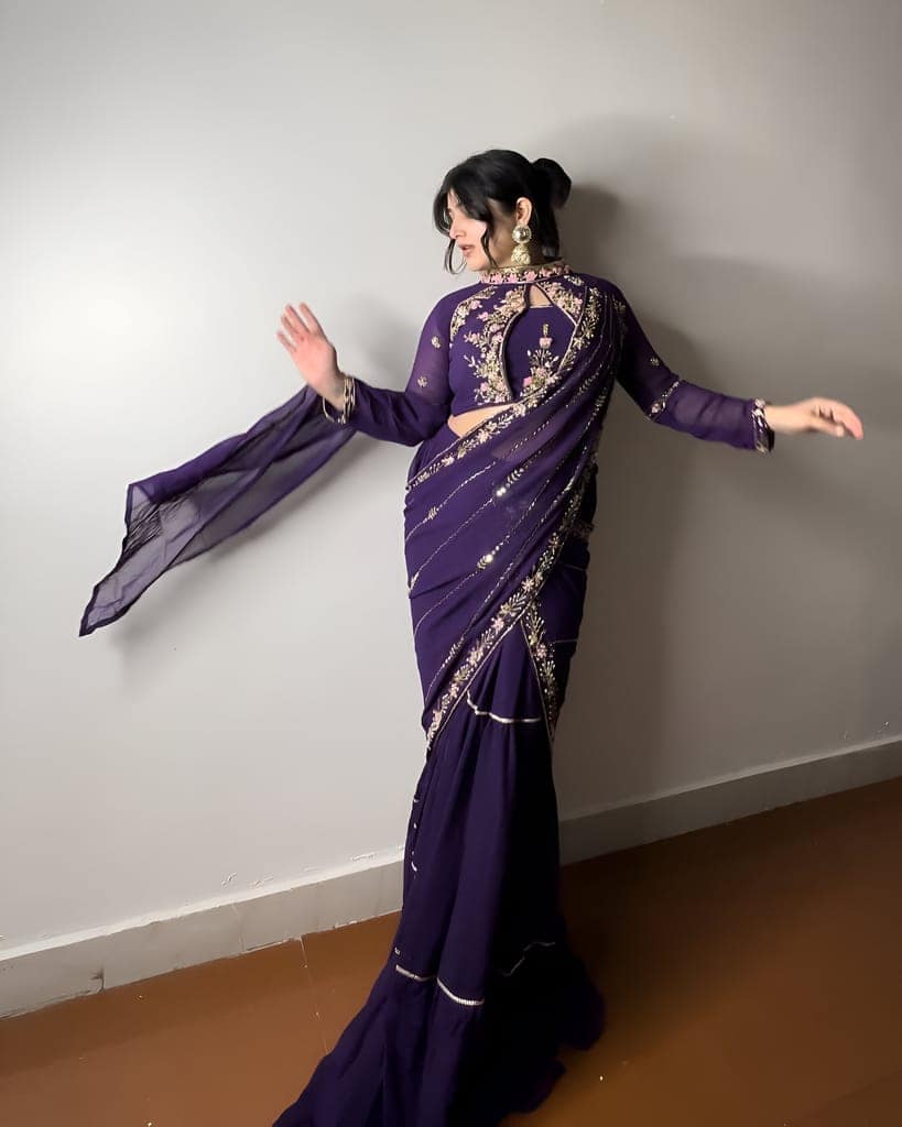 Red Purple Indian Wedding Party Lehenga Saree Ready To Wear With Stitched Blouse Readymade view 2