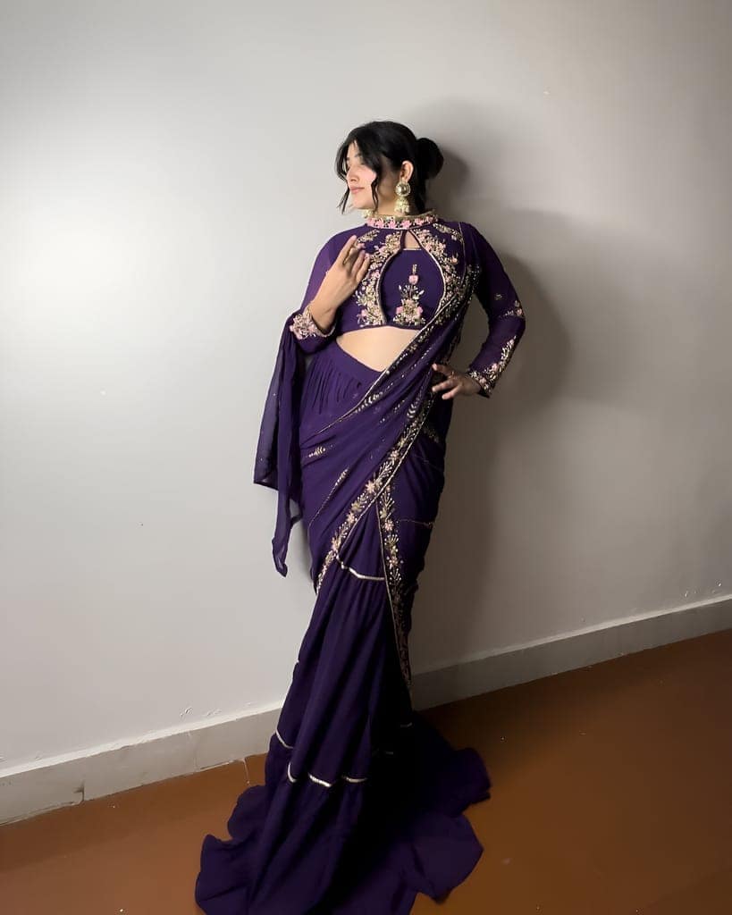 Red Purple Indian Wedding Party Lehenga Saree Ready To Wear With Stitched Blouse Readymade view 4