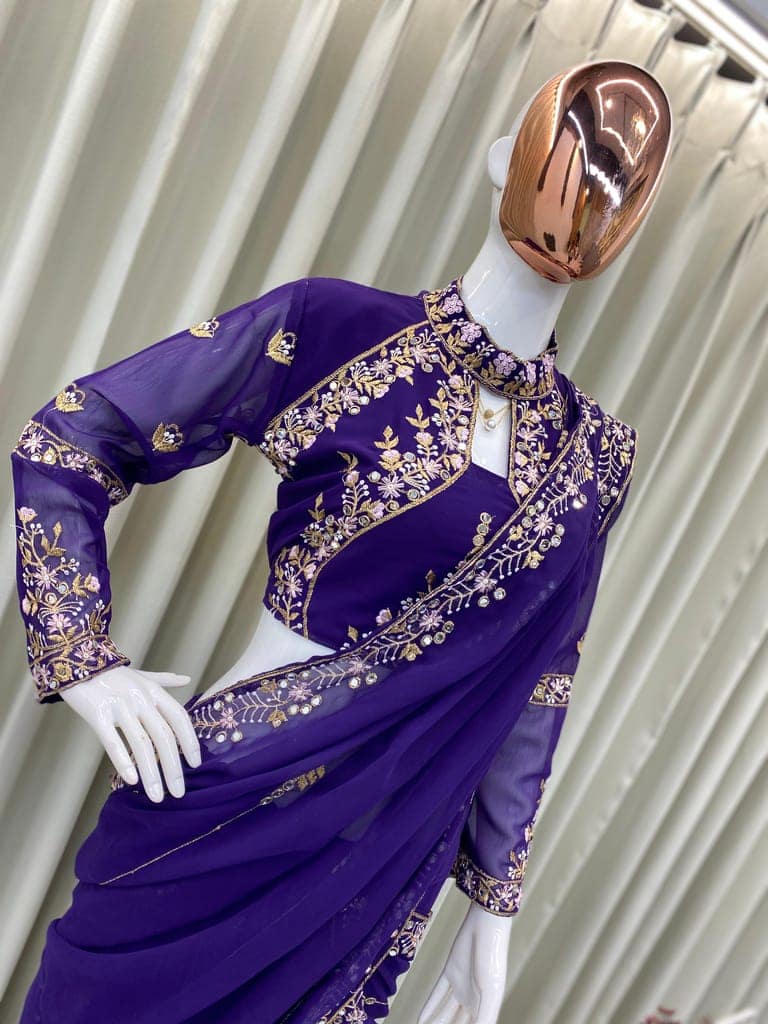 Red Purple Indian Wedding Party Lehenga Saree Ready To Wear With Stitched Blouse Readymade view 8