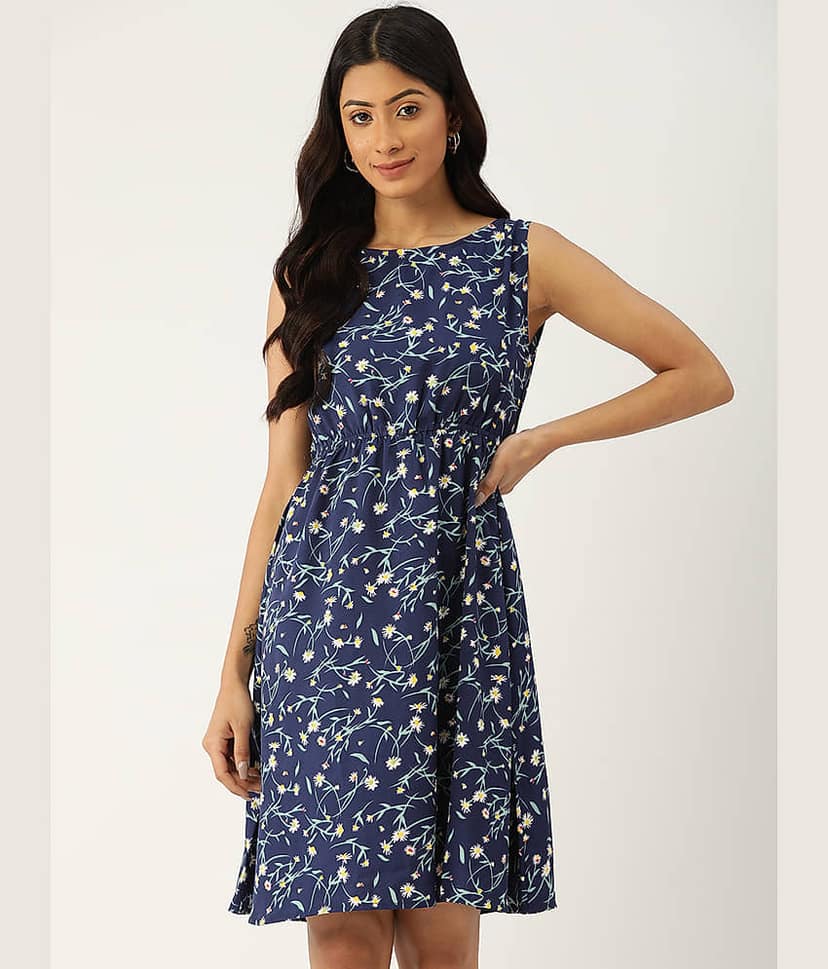 Quinoa Women Chiffon Printed A-line Dress ( Blue )